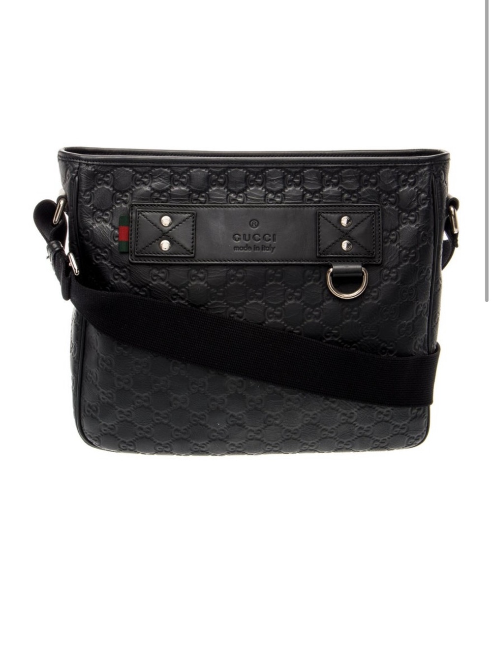 Gucci Black Embossed Leather Messenger Bag with Signature Web Accent